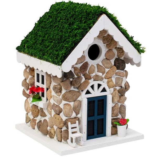 2er-Set Nisthilfe, Steinhäuschen-Optik, echte Steine & Kunstrasen – Vogelhaus für Meisen & Trauerschnäpper, detailreiche Dekoration