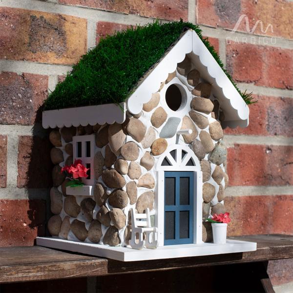 2er-Set Nisthilfe, Steinhäuschen-Optik, echte Steine & Kunstrasen – Vogelhaus für Meisen & Trauerschnäpper, detailreiche Dekoration