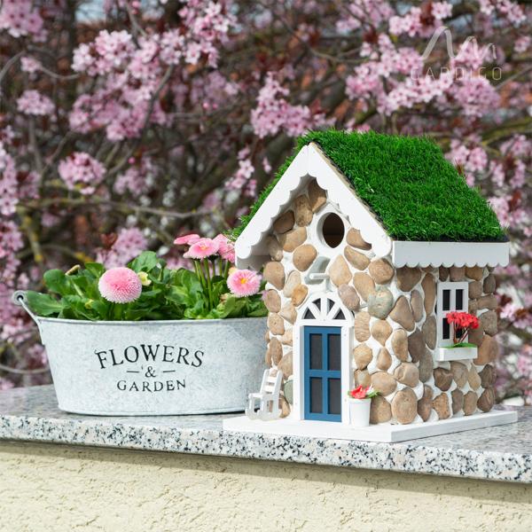 2er-Set Nisthilfe, Steinhäuschen-Optik, echte Steine & Kunstrasen – Vogelhaus für Meisen & Trauerschnäpper, detailreiche Dekoration