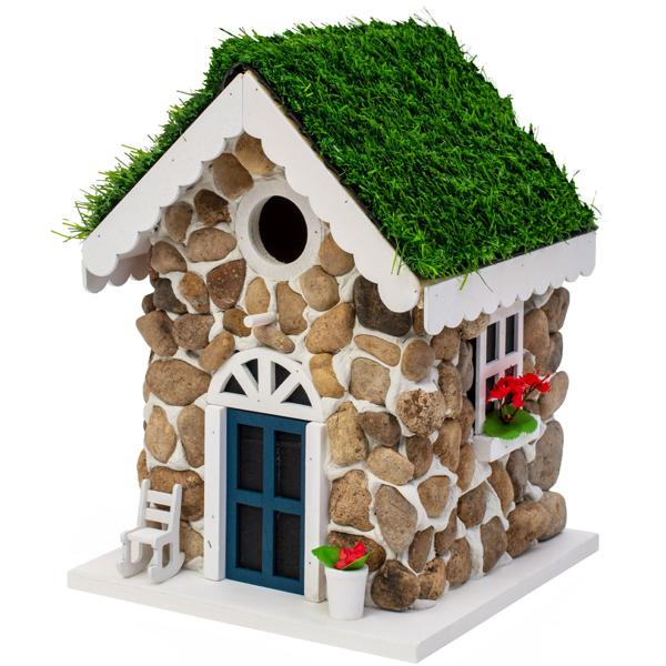 2er-Set Nisthilfe, Steinhäuschen-Optik, echte Steine & Kunstrasen – Vogelhaus für Meisen & Trauerschnäpper, detailreiche Dekoration