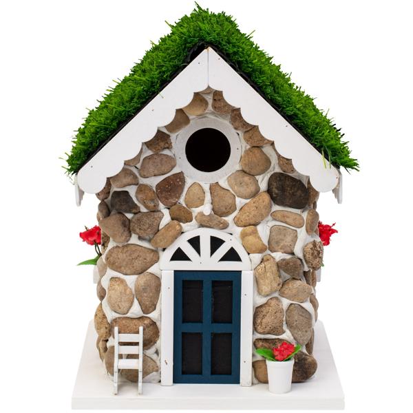 2er-Set Nisthilfe, Steinhäuschen-Optik, echte Steine & Kunstrasen – Vogelhaus für Meisen & Trauerschnäpper, detailreiche Dekoration