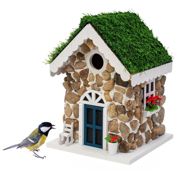 2er-Set Nisthilfe, Steinhäuschen-Optik, echte Steine & Kunstrasen – Vogelhaus für Meisen & Trauerschnäpper, detailreiche Dekoration