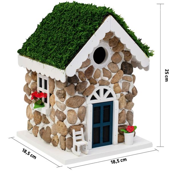 2er-Set Nisthilfe, Steinhäuschen-Optik, echte Steine & Kunstrasen – Vogelhaus für Meisen & Trauerschnäpper, detailreiche Dekoration