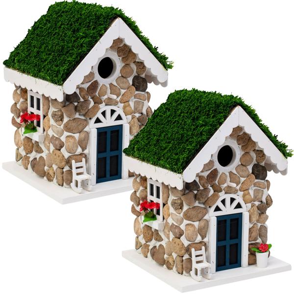 2er-Set Nisthilfe, Steinhäuschen-Optik, echte Steine & Kunstrasen – Vogelhaus für Meisen & Trauerschnäpper, detailreiche Dekoration