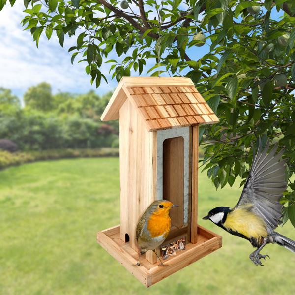 XL-Vogelhaus aus Tannenholz zum Aufhängen - Schutz vor Wind & Feuchtigkeit mit Plexiglasscheiben - Ideale Futterstelle 37.5x19x17.5cm - Für Garten