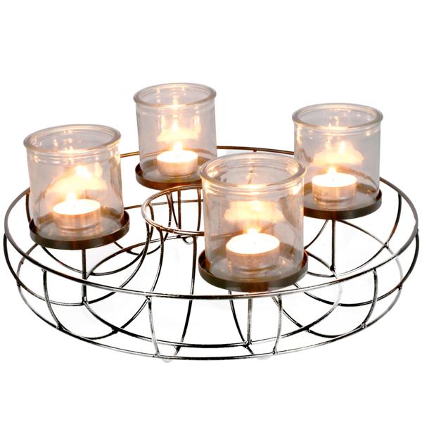 Adventskranz Drahtgeflecht - inkl. 4 Windlichtern aus Glas, Ø 35 cm - Individuell gestaltbar, nachhaltige Weihnachtsdeko für Ihr Zuhause