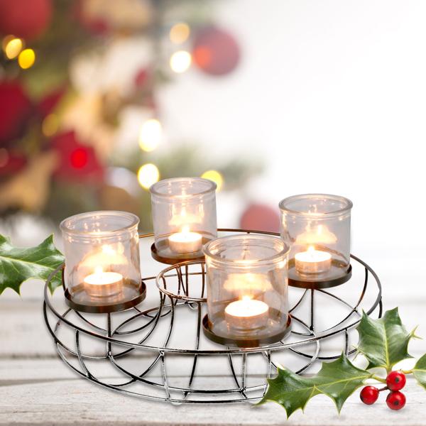 Adventskranz Drahtgeflecht - inkl. 4 Windlichtern aus Glas, Ø 35 cm - Individuell gestaltbar, nachhaltige Weihnachtsdeko für Ihr Zuhause