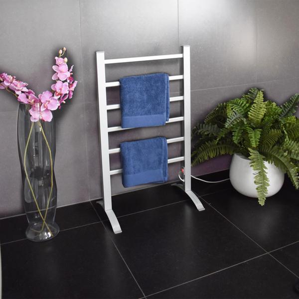 Elektrischer Handtuchtrockner aus Aluminium, weiss, 100 Watt, mit 6 Heizstäben, Inklusive Fussstütze und Wandhalterung, für wohlige wärme