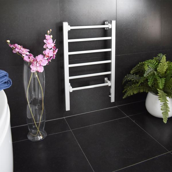 Elektrischer Handtuchtrockner aus Aluminium, weiss, 100 Watt, mit 6 Heizstäben, Inklusive Fussstütze und Wandhalterung, für wohlige wärme