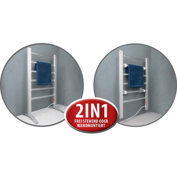 Elektrischer Handtuchtrockner aus Aluminium, weiss, 100 Watt, mit 6 Heizstäben, Inklusive Fussstütze und Wandhalterung, für wohlige wärme