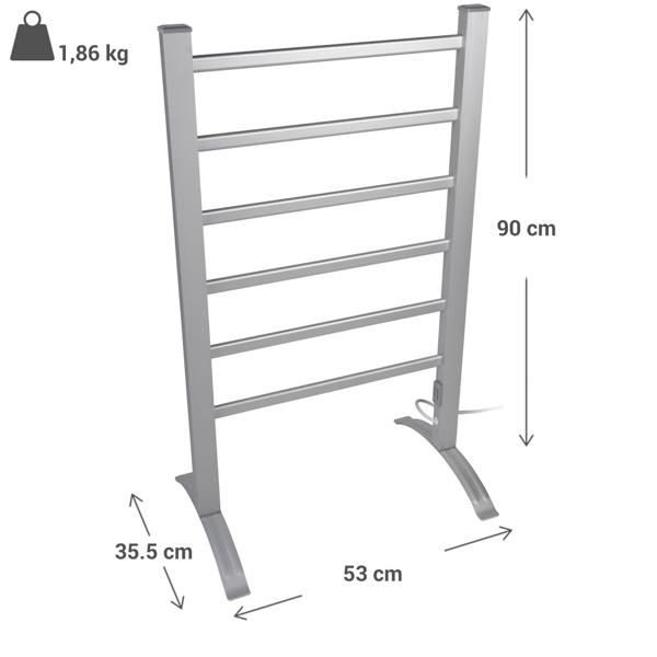 Elektrischer Handtuchtrockner aus Aluminium, weiss, 100 Watt, mit 6 Heizstäben, Inklusive Fussstütze und Wandhalterung, für wohlige wärme