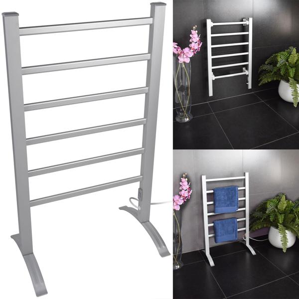 Elektrischer Handtuchtrockner aus Aluminium, weiss, 100 Watt, mit 6 Heizstäben, Inklusive Fussstütze und Wandhalterung, für wohlige wärme