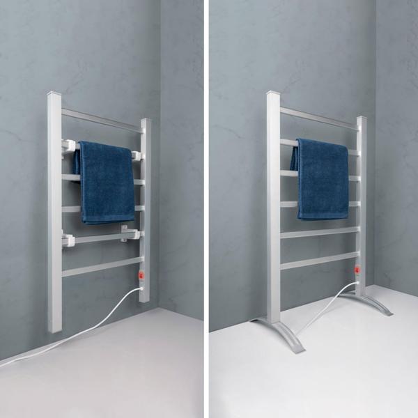 Elektrischer Handtuchtrockner aus Aluminium, weiss, 100 Watt, mit 6 Heizstäben, Inklusive Fussstütze und Wandhalterung, für wohlige wärme