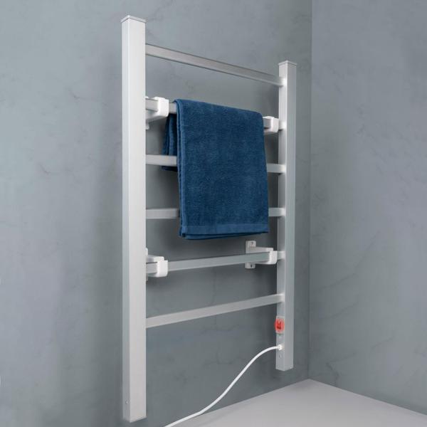 Elektrischer Handtuchtrockner aus Aluminium, weiss, 100 Watt, mit 6 Heizstäben, Inklusive Fussstütze und Wandhalterung, für wohlige wärme