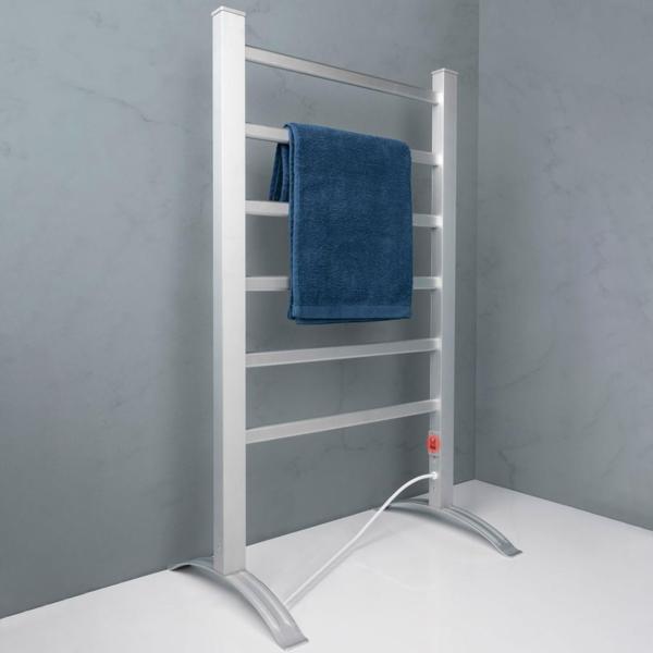 Elektrischer Handtuchtrockner aus Aluminium, weiss, 100 Watt, mit 6 Heizstäben, Inklusive Fussstütze und Wandhalterung, für wohlige wärme