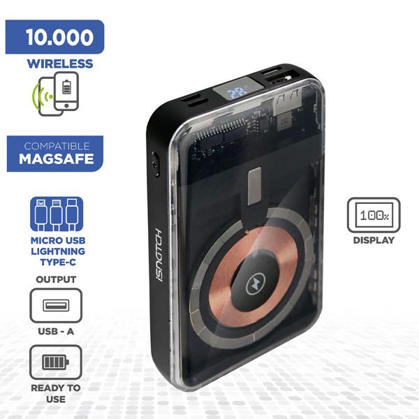 MagSafe Wireless Powerbank 10000mAh, Kabellose Magnetische Power Bank mit LED-Display inkl. USB-A USB-C und Lightning, 3x USB, Akkupack für iPhone 12, 13, 14, 15