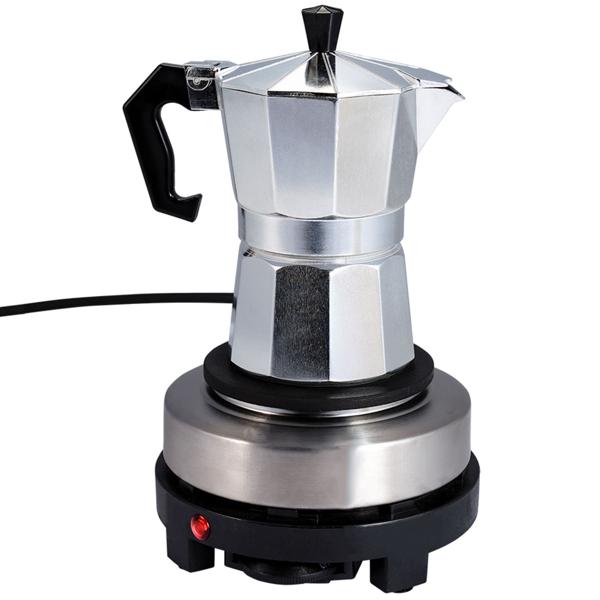 Kompakte elektrische Mini-Einzelkochplatte mit Espresso-Kocher, 500 Watt, Ideal für Camping & kleine Küchen