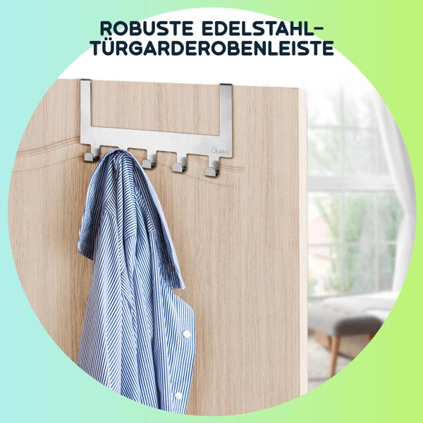 2er-Set Robuste Edelstahl-Türgarderobenleiste mit je 5 Kleiderhaken, platzsparende Aufbewahrung für Jacken, Mäntel, Handtücher u.v.m.