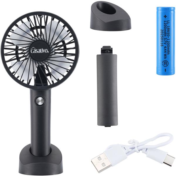 2er-Set Flexibler 2in1 Hand- & Tischventilator (schwarz): Akku- & USB-Betrieb, 3 Stufen für optimale Kühlung, tragbar für Büro, Reise & Zuhause