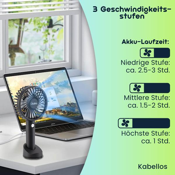 Flexibler 2in1 Hand- & Tischventilator (schwarz): Akku- & USB-Betrieb, 3 Stufen für optimale Kühlung, kompakt, tragbar & ideal für Büro, Reise & Zuhause