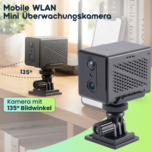 Mobile WLAN Mini Überwachungskamera 2304 x 1296: Mit App-Fernzugriff – Ein smartes Sicherheitssystem für Zuhause, Büro & Reisen