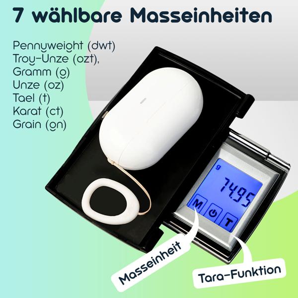 Digitale Feinwaage (500g/0.01g) mit Touch-Display – Präzise Taschenwaage mit 7 Einheiten für Schmuck, Gewürze & Gold