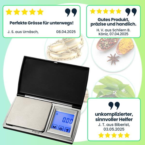 Digitale Feinwaage (500g/0.01g) mit Touch-Display – Präzise Taschenwaage mit 7 Einheiten für Schmuck, Gewürze & Gold