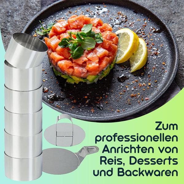 Dessert- & Speiseringe (6er-Set) Ø 8 cm mit Heber & Stampfer – Profi-Anrichtringe aus rostfreiem Edelstahl für kreative Gerichte