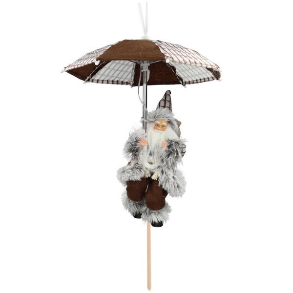Weihnachtsmann-Figur mit Fallschirm - LED-Beleuchtung & Erdspiess - H 30 cm - Braune/Weisse Weihnachtsdekoration inkl. Batterien (2x CR2032)