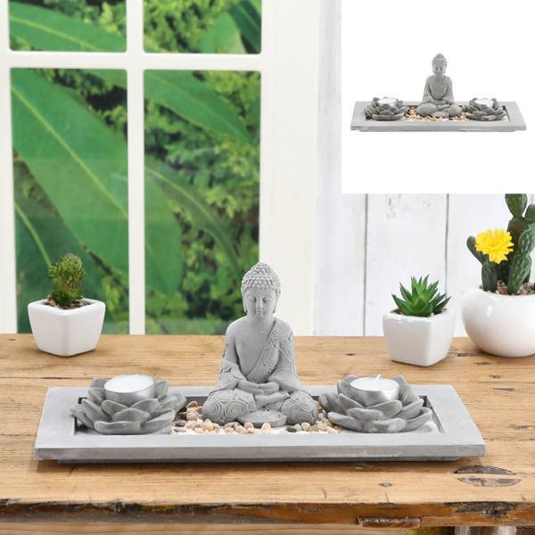 Zen-Garten-Set mit Buddha-Figur und 2 Teelichthaltern – Rechteckig, 33x14cm – Für entspannende Wohlfühlatmosphäre zuhause – Ideal zum Meditieren & Entspannen