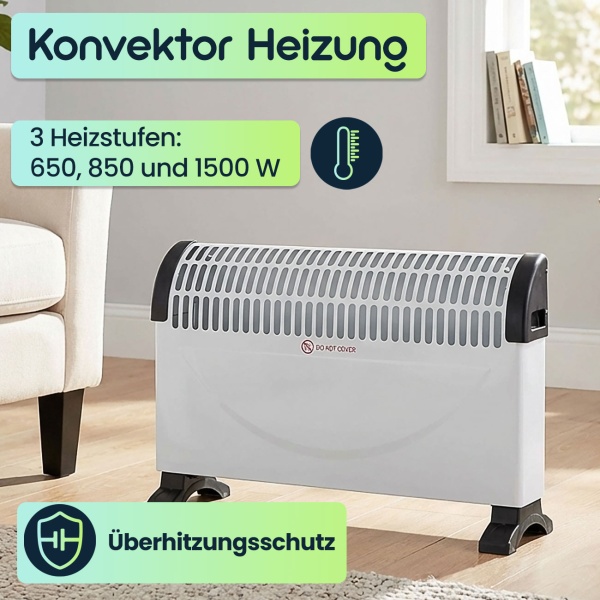 Konvektor Heizung 1500W, mit Überhitzungsschutz, GS-zertifiziert, weiss/schwarz. Elektro-Heizkörper für schnelle Wärme, sicher & zuverlässig