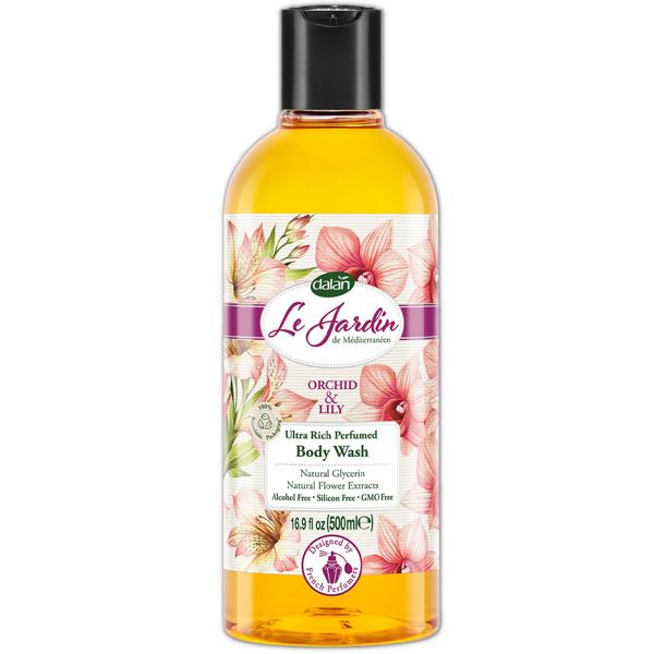Luxus Seifenset Orchidee & Lilie – Dalan Le Jardin Naturseife - dermatologisch getestet – 100% vegan – Duschgel 500ml & Handseife 200g & Flüssigseife 500ml