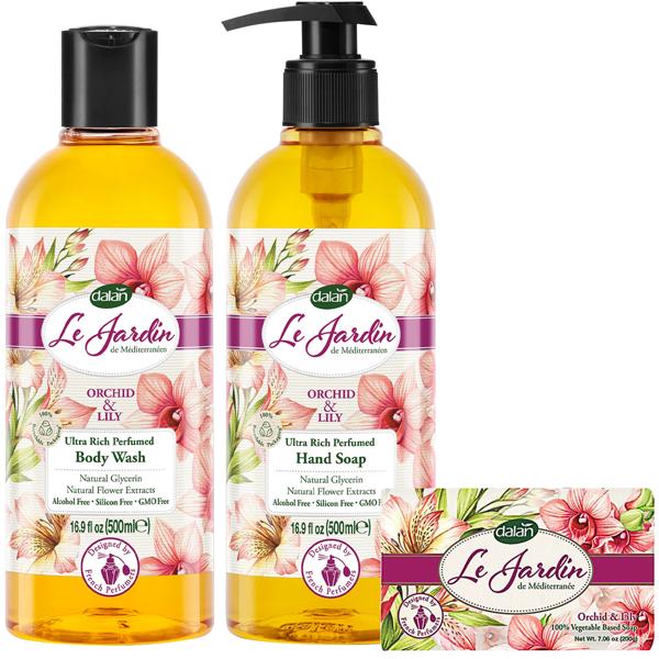 Luxus Seifenset Orchidee & Lilie – Dalan Le Jardin Naturseife - dermatologisch getestet – 100% vegan – Duschgel 500ml & Handseife 200g & Flüssigseife 500ml