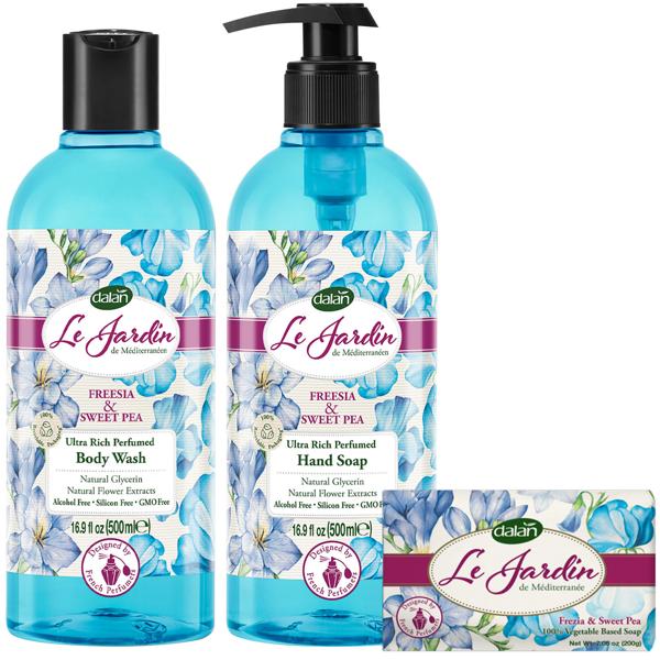Dalan Le Jardin Luxus Seifenset - sanfte Reinigung & ausgeglichene Haut - 100% vegan - Duschgel 500ml, Handseife 200g, Flüssigseife 500ml - Freesie/Platterbse