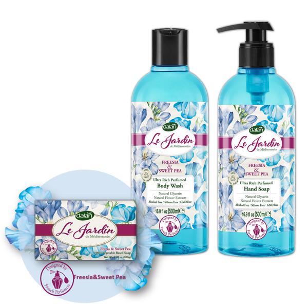 Dalan Le Jardin Luxus Seifenset - sanfte Reinigung & ausgeglichene Haut - 100% vegan - Duschgel 500ml, Handseife 200g, Flüssigseife 500ml - Freesie/Platterbse