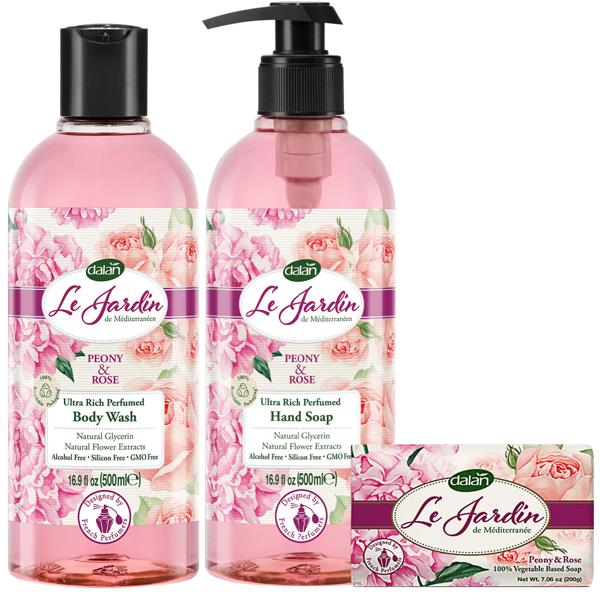 Dalan Le Jardin Luxus Seifenset Rosenduft – Duschgel 500ml, Handseife 200g, Flüssigseife 500ml – 100% vegan, dermatologisch getestet, biologisch abbaubar