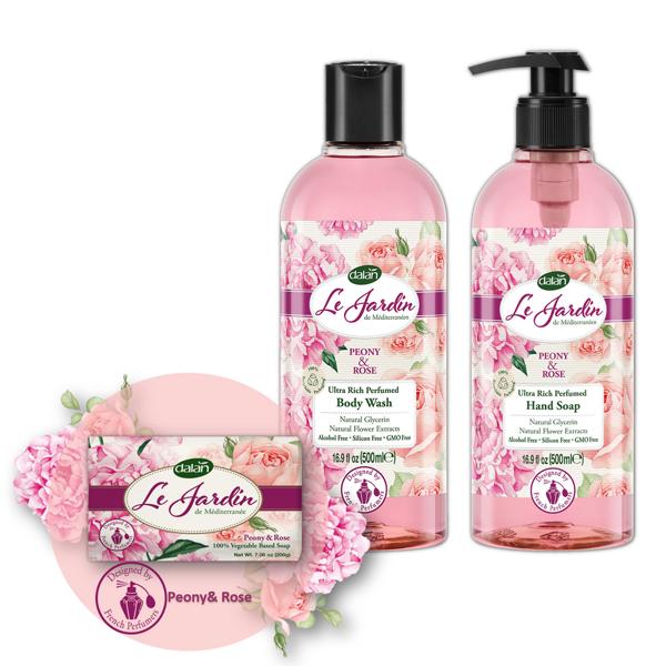 Dalan Le Jardin Luxus Seifenset Rosenduft – Duschgel 500ml, Handseife 200g, Flüssigseife 500ml – 100% vegan, dermatologisch getestet, biologisch abbaubar