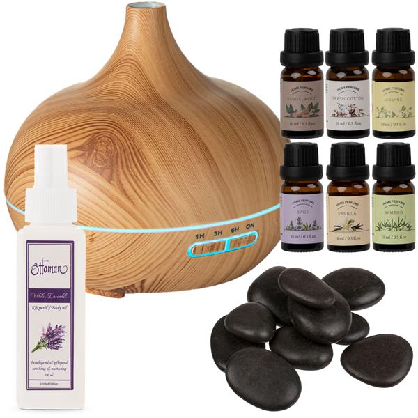 Wellness-Set mit Duftlampe - 6 Düfte, 9 Hot-Stones & Lavendelöl - Aroma-Diffusor mit LED, 100ml Lavendelöl, Massage-Steine