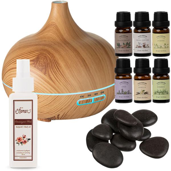 Wellness-Set bestehend aus Duftlampe, 6 Düften, 9 Hot-Stones und Lavendelöl