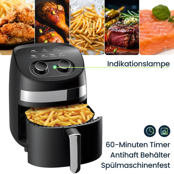 Multifunktions-Heissluftfritteuse, 3,25L, schwarz – Frittieren, Backen, Grillen & Braten, Antihaftbeschichtung, Timer, Cool Touch