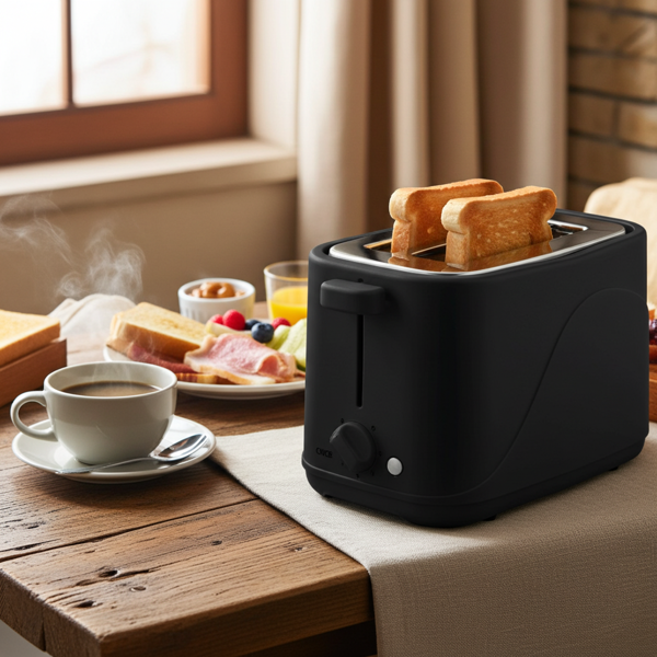 Kompakter 2-Scheiben Toaster mit 7 Röststufen und Brötchenaufsatz, 700 Watt, elegantes matt schwarz, Krümelschublade