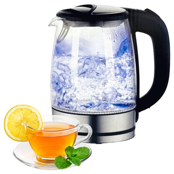 Stilvoller Wasserkocher 1,7 l, aus Glas und Edelstahl, inkl. blauer LED-Beleuchtung, Abschaltautomatik, Kabelaufbewahrung
