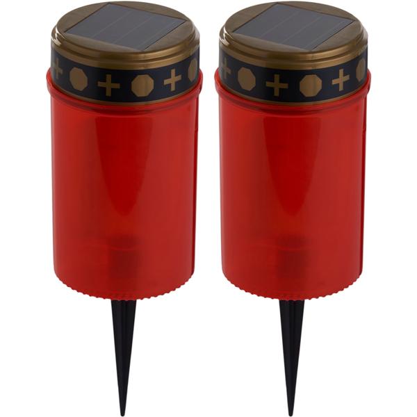 2er-Set Solar LED-Grabkerze mit Erdspiess, rot - Flackerndes Grablicht ohne Brandgefahr - Wetterfest, Batterie 1.2V 100mAh Ni-MH - Ø 7 x H 20 cm