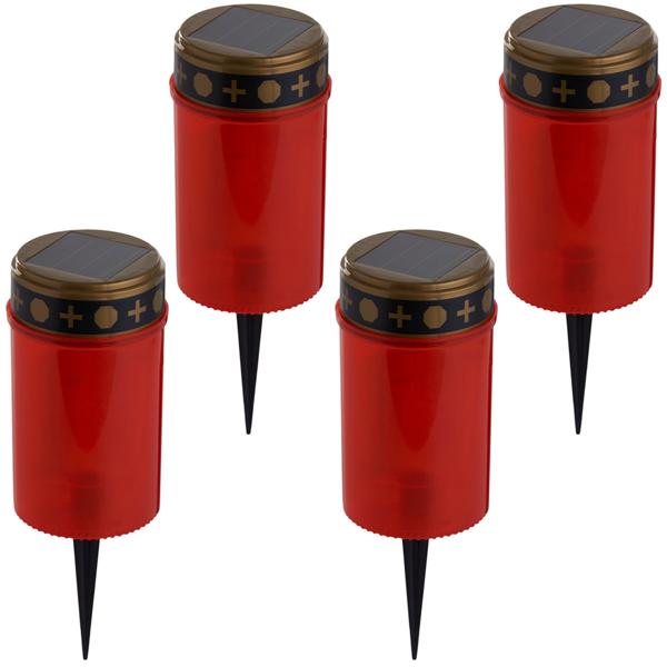 4er-Set Solar LED-Grabkerze Rot - Sicheres Grablicht mit Erdspiess - Umweltfreundlich, flackernd - Ø 7x20cm, 1x AAA Batterie - Gedenken ohne Brandgefahr