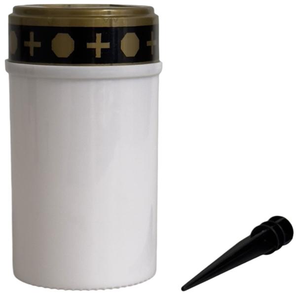 Solar LED-Grabkerze mit Erdspiess – Weiss, flackernd, kein Russ/Wachs – Ø 7x20cm, Solar Panel, AAA Ni-MH Batterie – Sichere, saubere Grab Deko