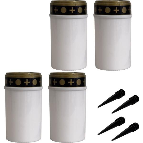 4er-Set Solar LED-Grabkerze - Ø 7x20 cm weiss - Trost spendend ohne Brandgefahr - Automatisches Flackern mit Dämmerungssensor - Für Grab & Friedhof