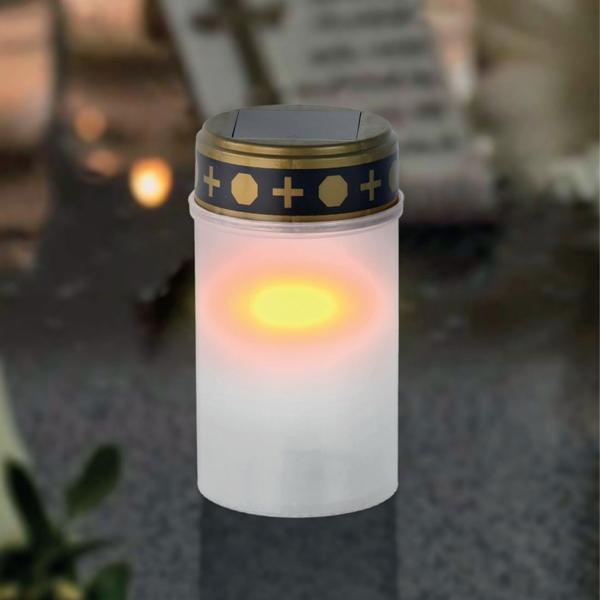 4er-Set Solar LED-Grabkerze - Ø 7x20 cm weiss - Trost spendend ohne Brandgefahr - Automatisches Flackern mit Dämmerungssensor - Für Grab & Friedhof