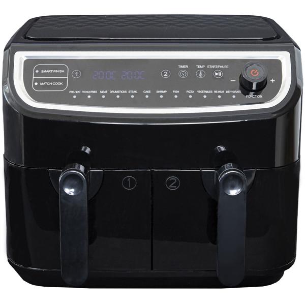 Dual Zone Doppelkorb Heissluft Fritteuse, Air Fryer mit 2 Körben, 9 Liter, 2400 Watt, 12 Programme, 2 Grill Roste, Display, Zeitschaltuhr, PFAS-frei