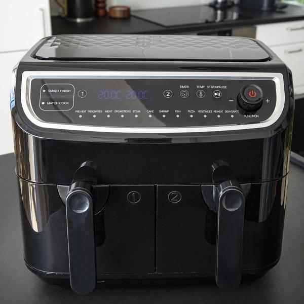 Dual Zone Doppelkorb Heissluft Fritteuse, Air Fryer mit 2 Körben, 9 Liter, 2400 Watt, 12 Programme, 2 Grill Roste, Display, Zeitschaltuhr, PFAS-frei