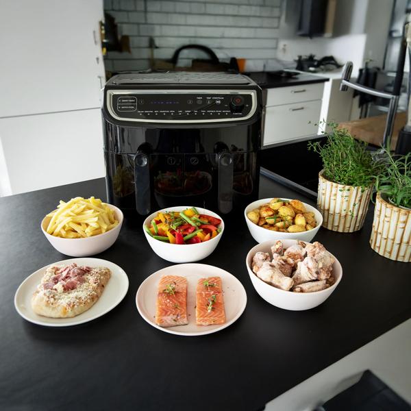 Dual Zone Doppelkorb Heissluft Fritteuse, Air Fryer mit 2 Körben, 9 Liter, 2400 Watt, 12 Programme, 2 Grill Roste, Display, Zeitschaltuhr, PFAS-frei
